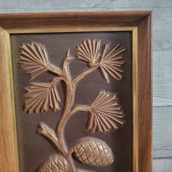 Vintage 3D Floral & Pinecone Wall Plaques Brown & Gold Mid-Century Art Decor - Picture 4 of 9